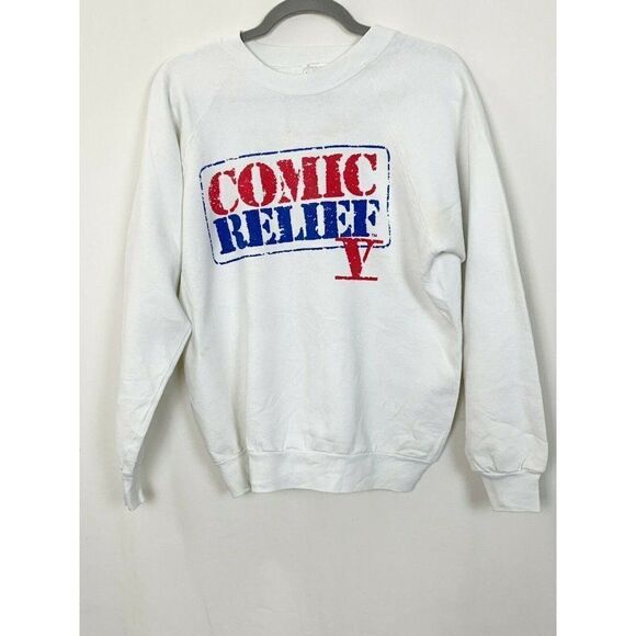 Vintage 90s Comic Relief 5 Sweatshirt Large White 1992 Robin Williams Jim Carrey - Picture 1 of 8